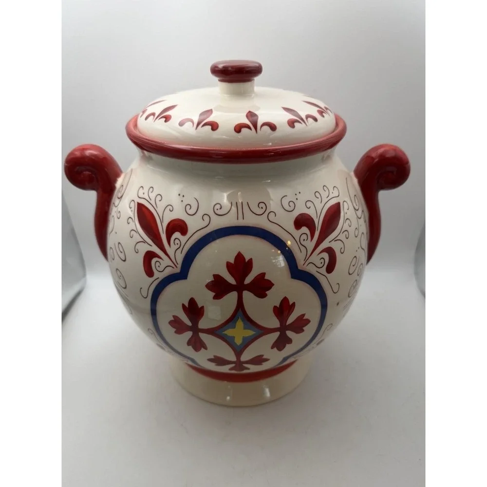 Vintage Nonni's Hand Painted Ceramic Lidded Ginger Jar Canister Tuscan 10